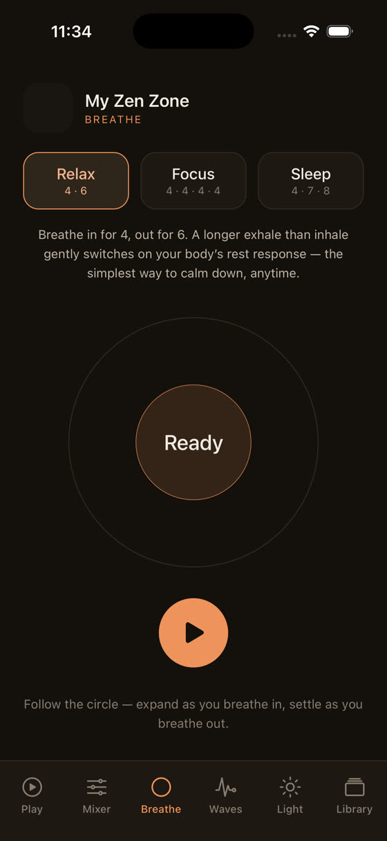 The breathing screen, set to a 4-6 relax pattern