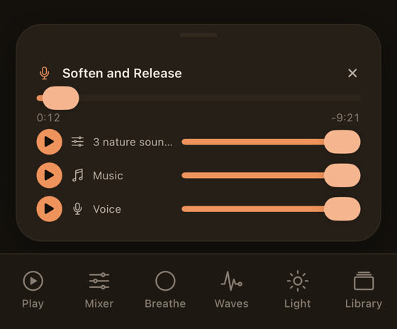 A guided session playing with its own Voice, Music and nature levels, each controlled separately