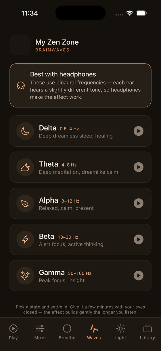 The brainwave tones screen